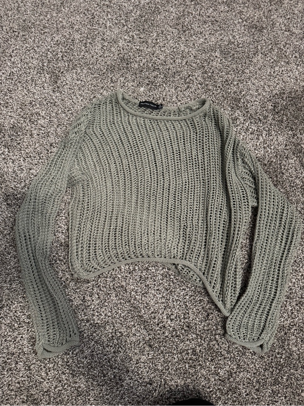 Light Sage Open-Knit Crewneck Sweater